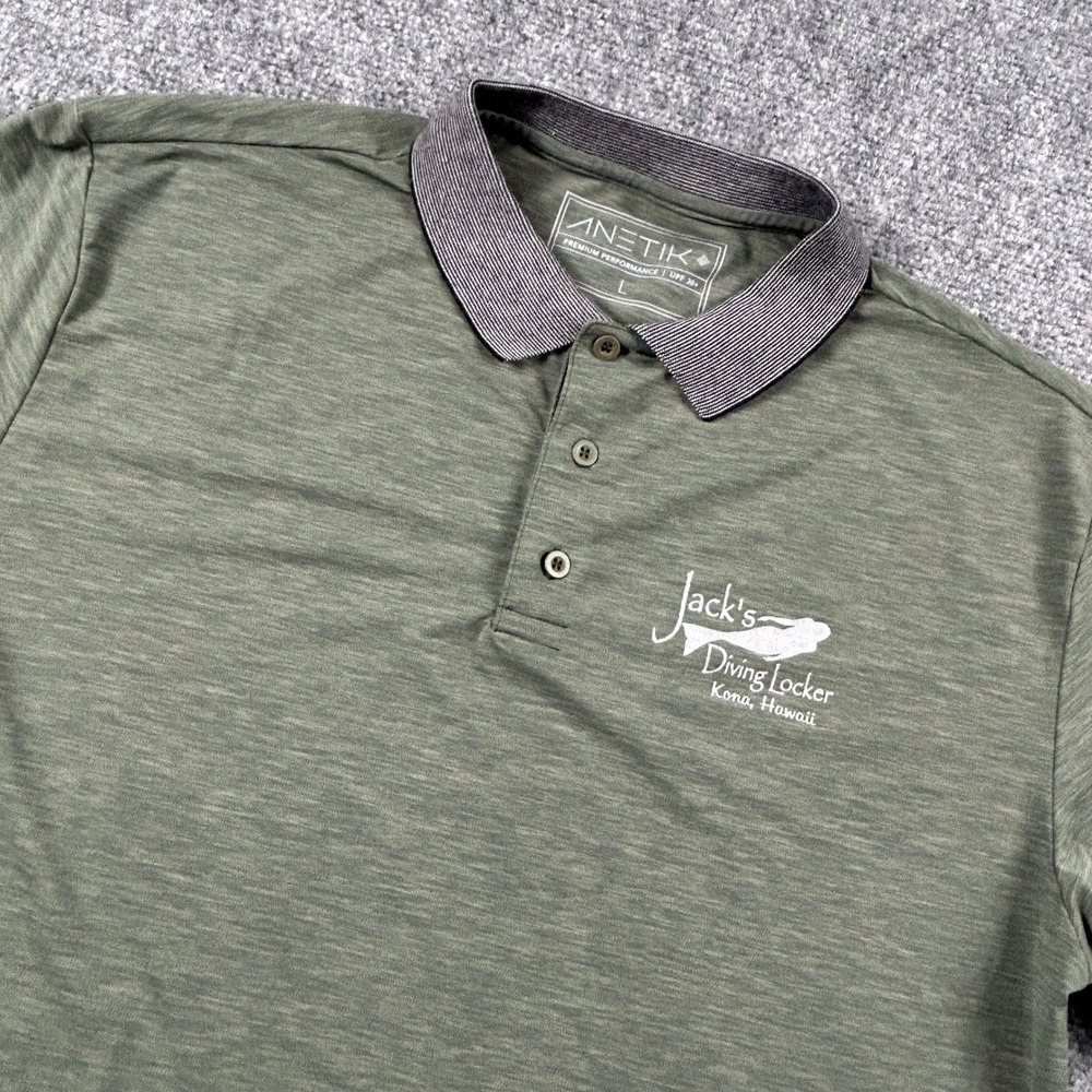 Anetik Polo Shirt Mens Large Green Jacks Diving Locker Hawaii UPF 30 Performance